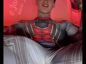 Stroking my massive cock in super hero costumes before shooting a huge load